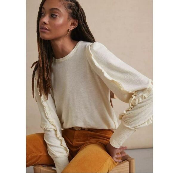PILCRO Anthropologie Ruffle Sleeve Ivory Pullover Modal Boho Sweater Sz XL - Picture 1 of 7